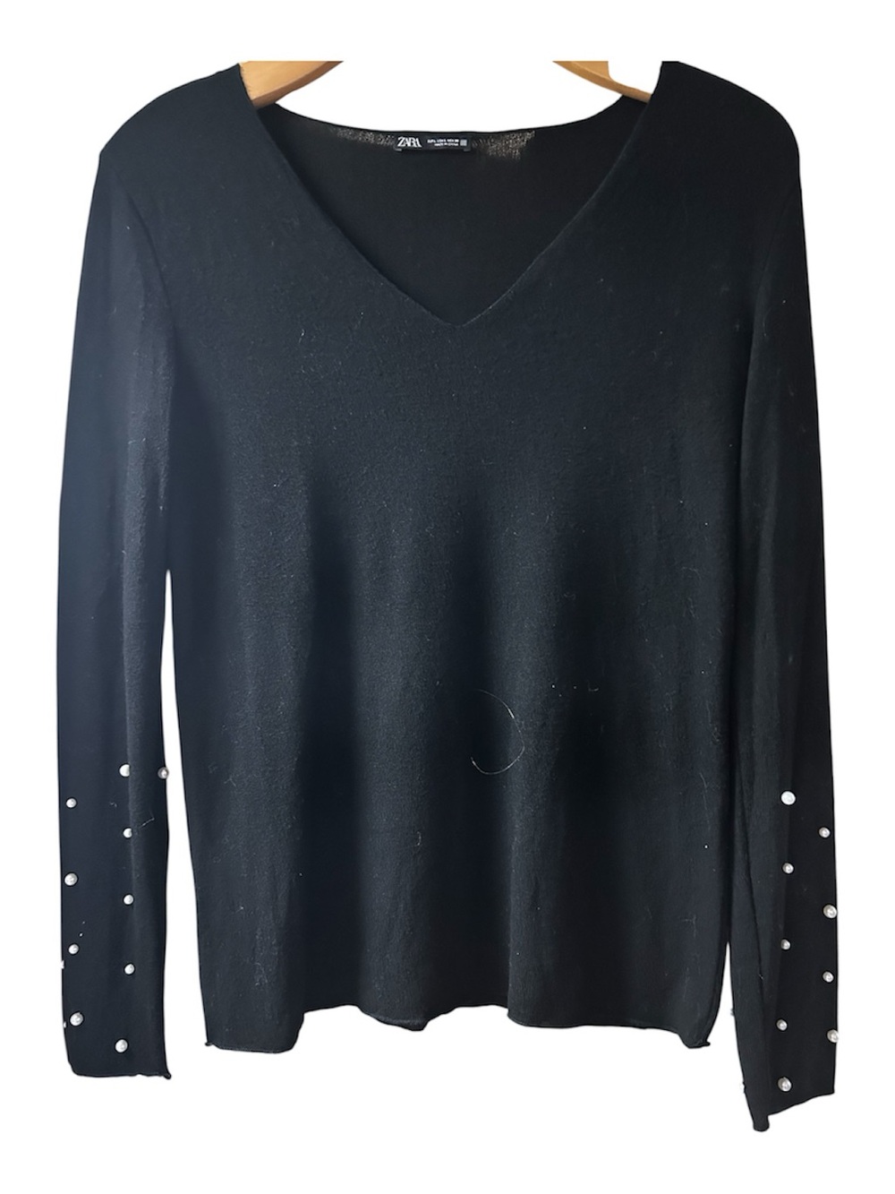Zara Black V-Neck Sweater with Pearl Sleeve Detail